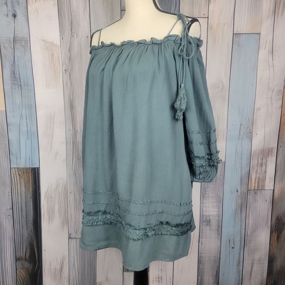 Mustard Seed Boho Off Shoulder Dress Long Sleeves Green Sage Size Small